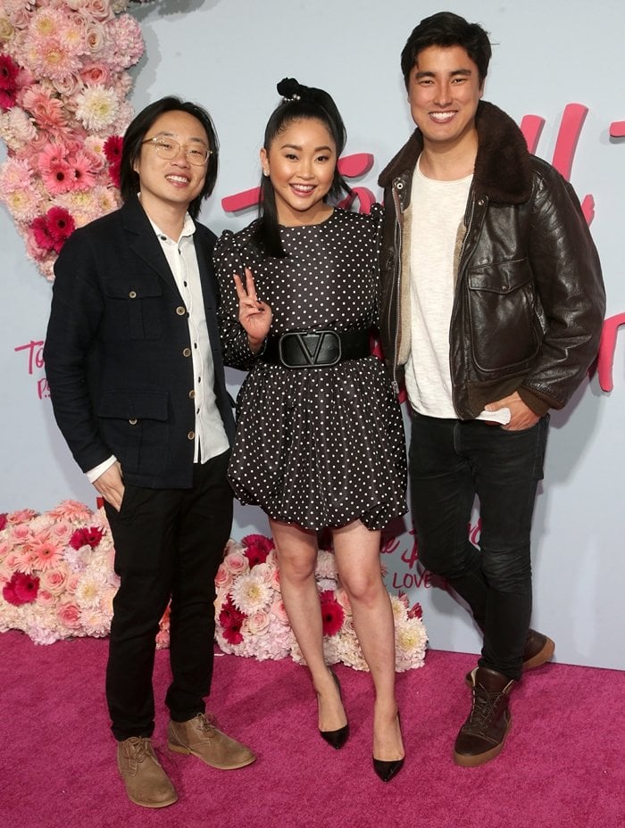 Wearing sleek black pointed-toe heels that subtly boosted her height, Lana Condor posed alongside Jimmy O. Yang and a guest at the To All the Boys: P.S. I Still Love You premiere