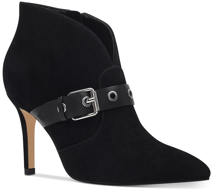 Nine West Jax black suede pointed-toe bootie with buckle strap and stiletto heel
