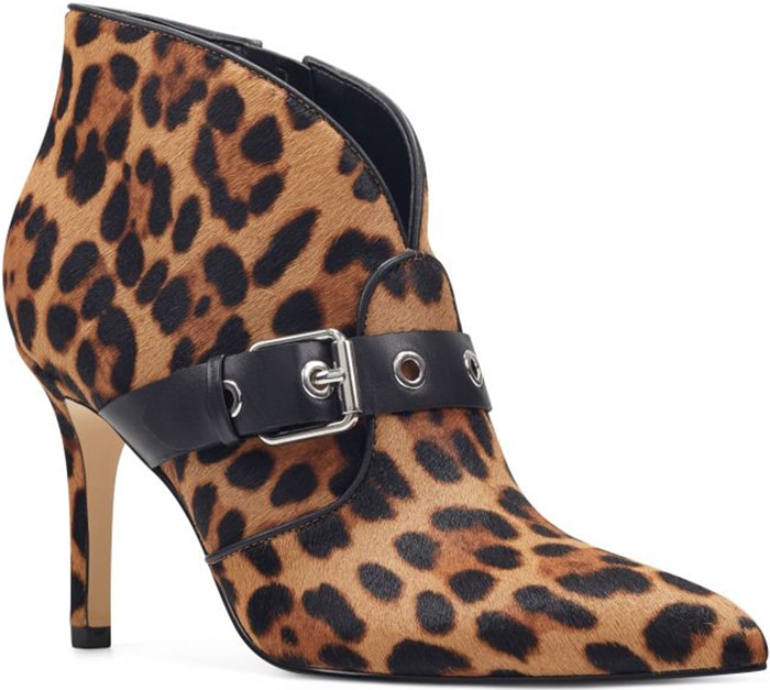 Nine West Jax leopard-print pointed-toe bootie with black buckle strap and stiletto heel