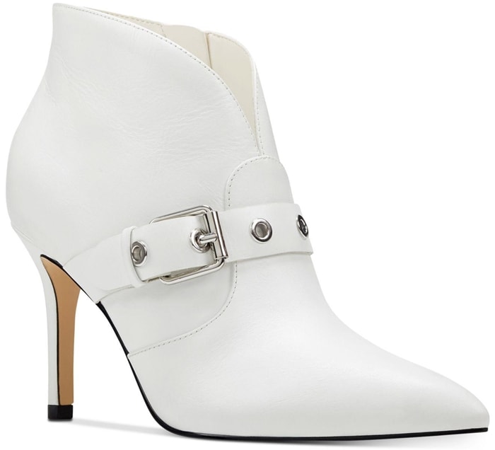 Nine West Jax white leather pointed-toe bootie with buckle strap and stiletto heel