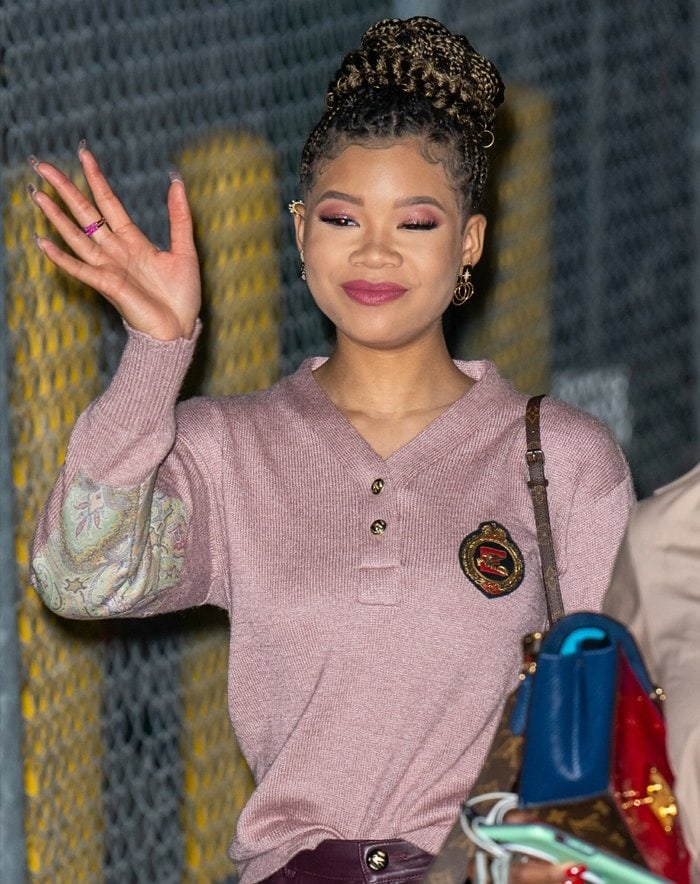 Storm Reid’s Etro Resort 2020 sweater features paisley-print sleeve panels, a buttoned neckline, and an embroidered crest detail