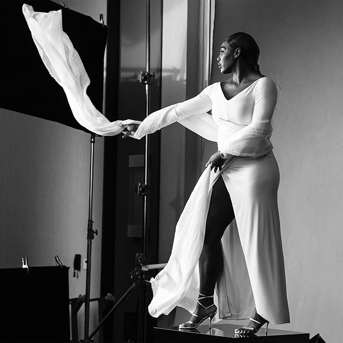 Serena Williams is ethereal in a white dress with strappy thong sandals