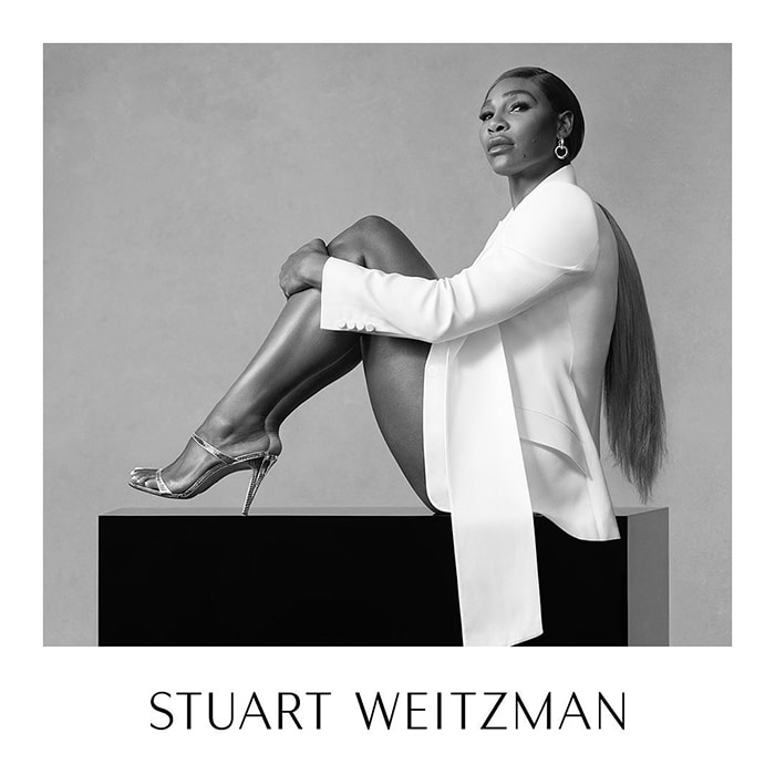 Serena Williams exudes sophistication in Stuart Weitzman’s minimalist metallic sandals, embodying timeless elegance