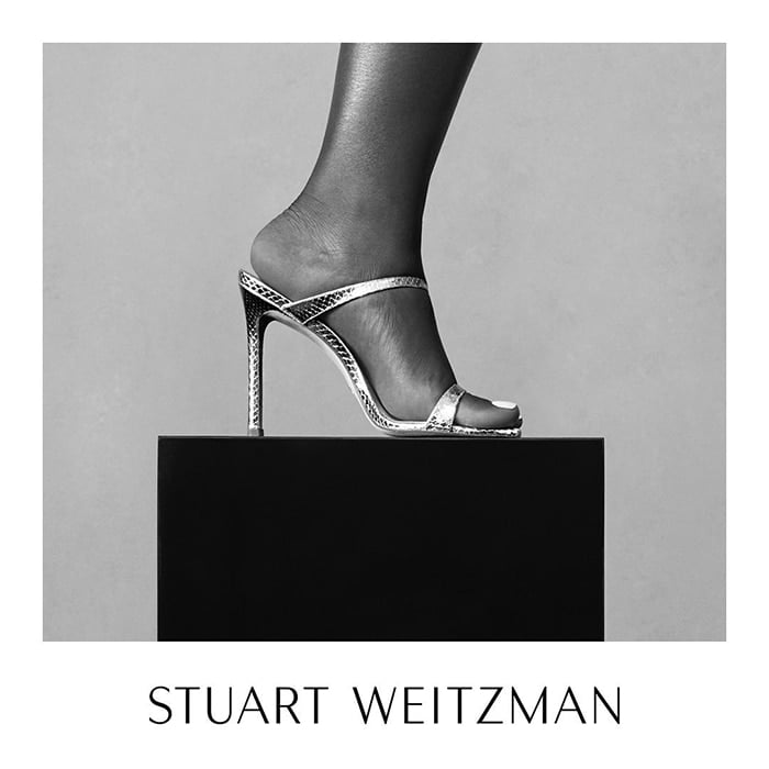 Serena Williams stuns in Stuart Weitzman Aleena sandals, featuring sleek metallic straps and timeless elegance that elevates any look