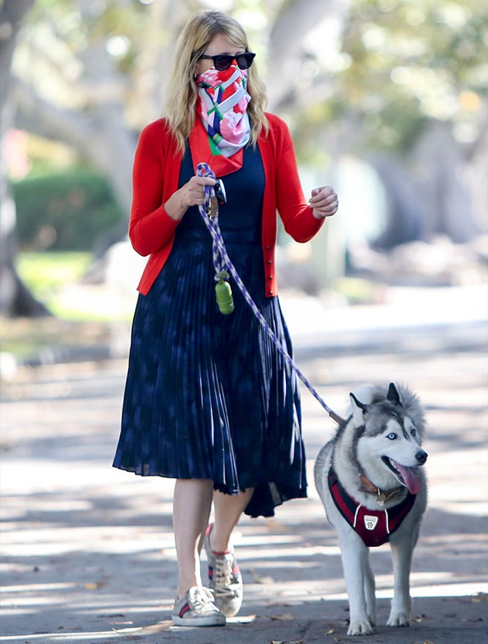 Laura Dern balanced relaxed California style with polished layering in a navy pleated dress, bright red cardigan, and Gucci sneakers while walking her husky through Pacific Palisades