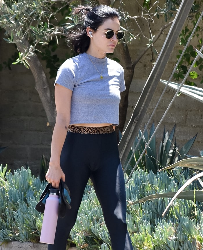 Lucy Hale stays hydrated in style, carrying a pink HydroFlask water bottle while showing off her casual-chic athleisure look in Los Angeles