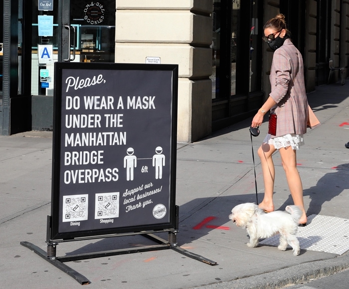Olivia Palermo hides behind a face mask and sunglasses as she takes her dog, Mr. Butler, for a walk in New York City