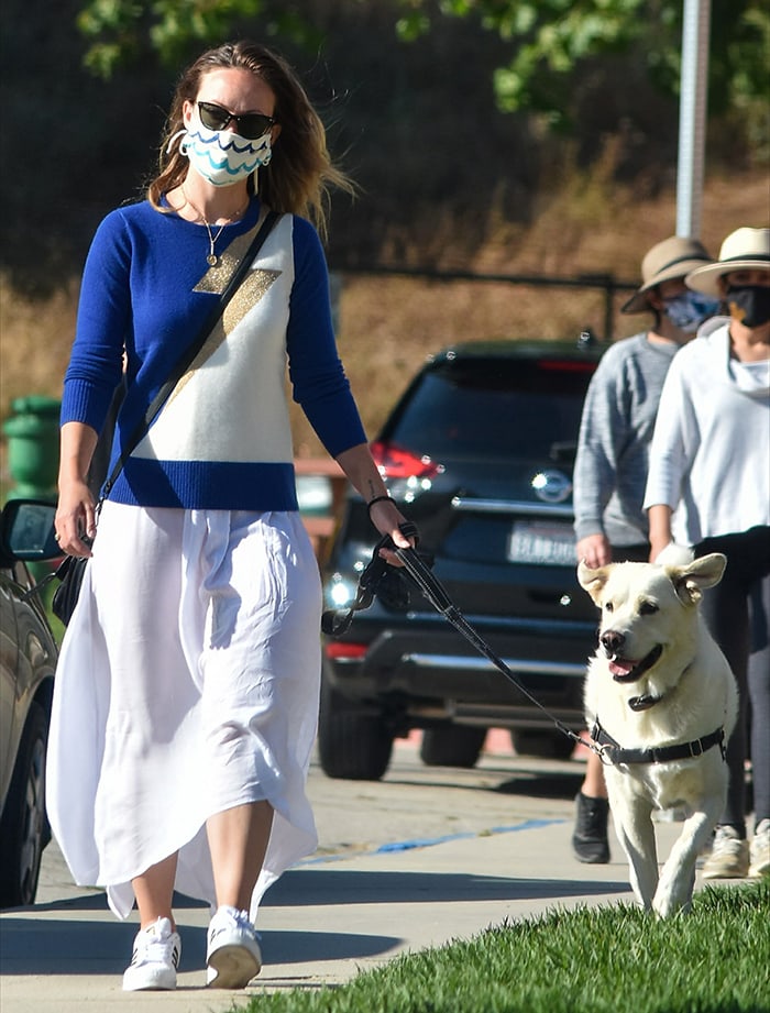 Olivia Wilde keeps her Silver Lake dog walk effortlessly chic, pairing a breezy white maxi skirt and graphic knit with classic white Adidas Superstar sneakers