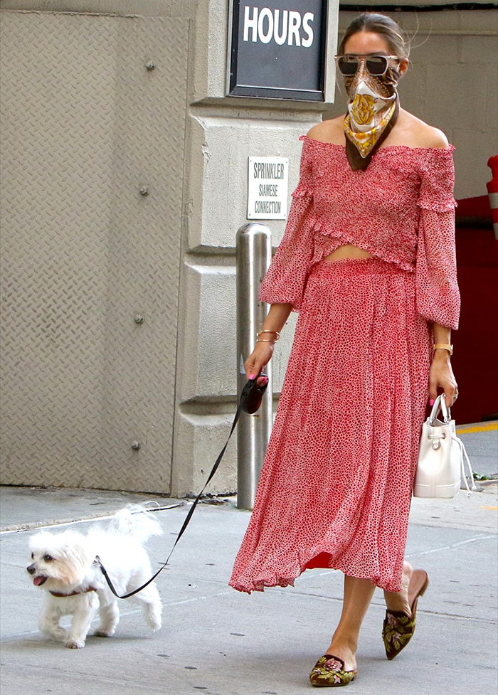 Olivia Palermo repeats her Lucy Paris two-piece with embroidered Alberta Ferretti velvet mules