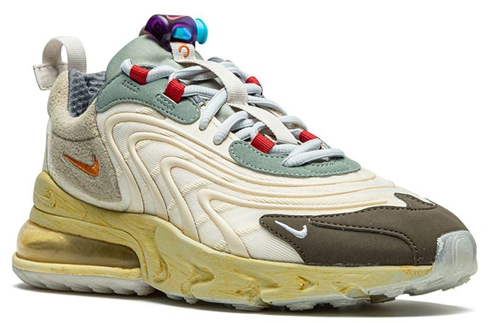 The Travis Scott x Nike Air Max 270 “Cactus Trails” sneakers fuse trail-ready function with retro design, featuring layered mesh and suede panels, rugged overlays, and a worn-in midsole that complements the oversized 270 Air unit for cushioned, statement-making streetwear appeal
