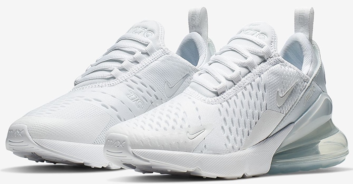 The Nike Air Max 270 in Triple White combines an all-white upper with the silhouette’s signature 270-degree visible Air cushioning