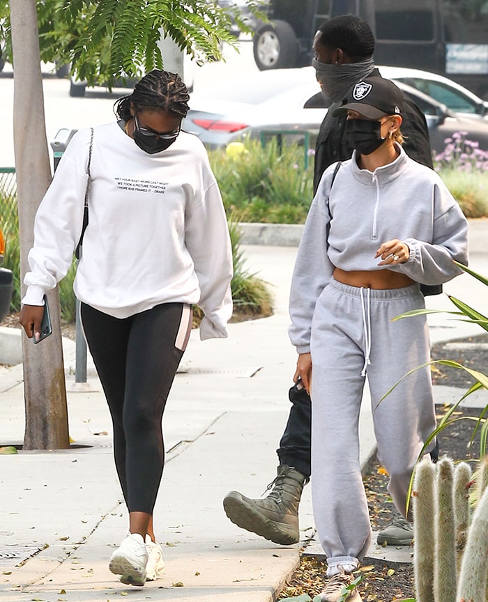 Hailey Bieber showcased her signature off-duty style in coordinated Los Angeles Apparel fleece separates and Yeezy Boost 380 Mist sneakers as she joined Justine Skye for a post-workout lunch outing in West Hollywood on September 11, 2020