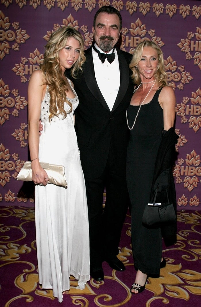 Tom Selleck attends HBO's Post-Emmy Awards Reception on September 16, 2007, at the Pacific Design Center in Los Angeles, joined by daughter Hannah in a white embellished gown with a champagne clutch and wife Jillie Mack in a sleek black dress styled with pearl accessories and crystal-embellished heels