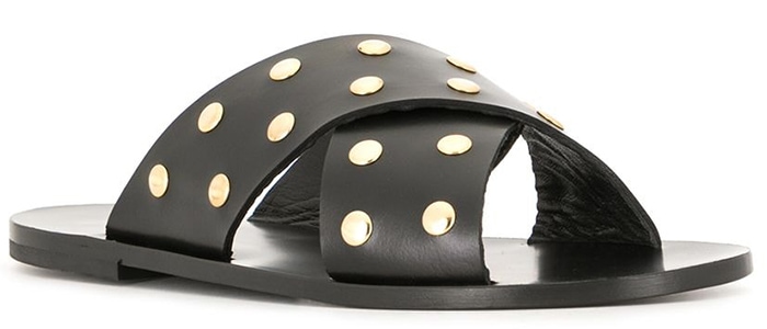 The easiest flat sandals to slip on and off, accented with edgy circle stud embellishments in yellow gold