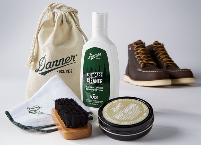 Danner’s boot care kit—including cleaner, conditioner, brush, and cloth—helps preserve leather quality and extend the lifespan of rugged heritage boots