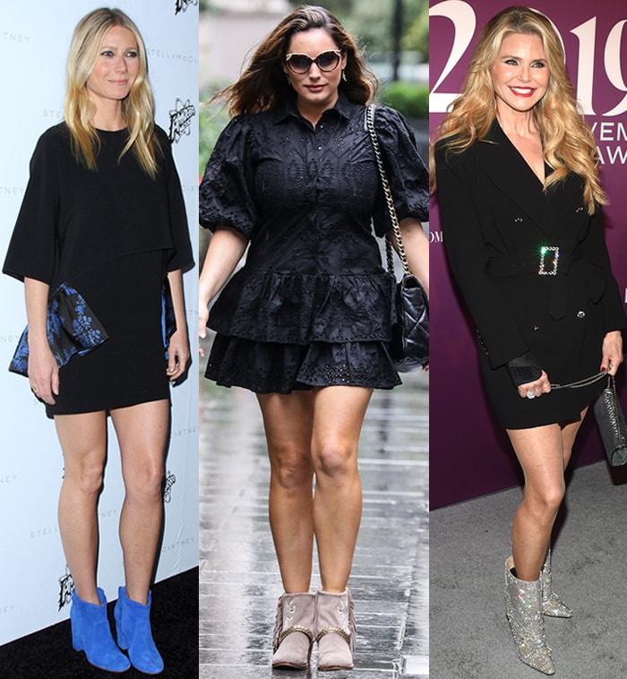 Gwyneth Paltrow, Kelly Brook, and Christie Brinkley elevate classic little black dresses with contrasting ankle boots—from bold color pops to textured finishes—proving the LBD is the perfect canvas for standout footwear