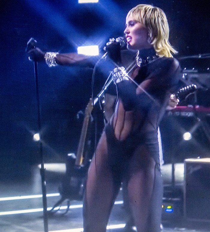 Miley Cyrus performs “Heart of Glass” in a sheer black Mugler Fall 2020 catsuit