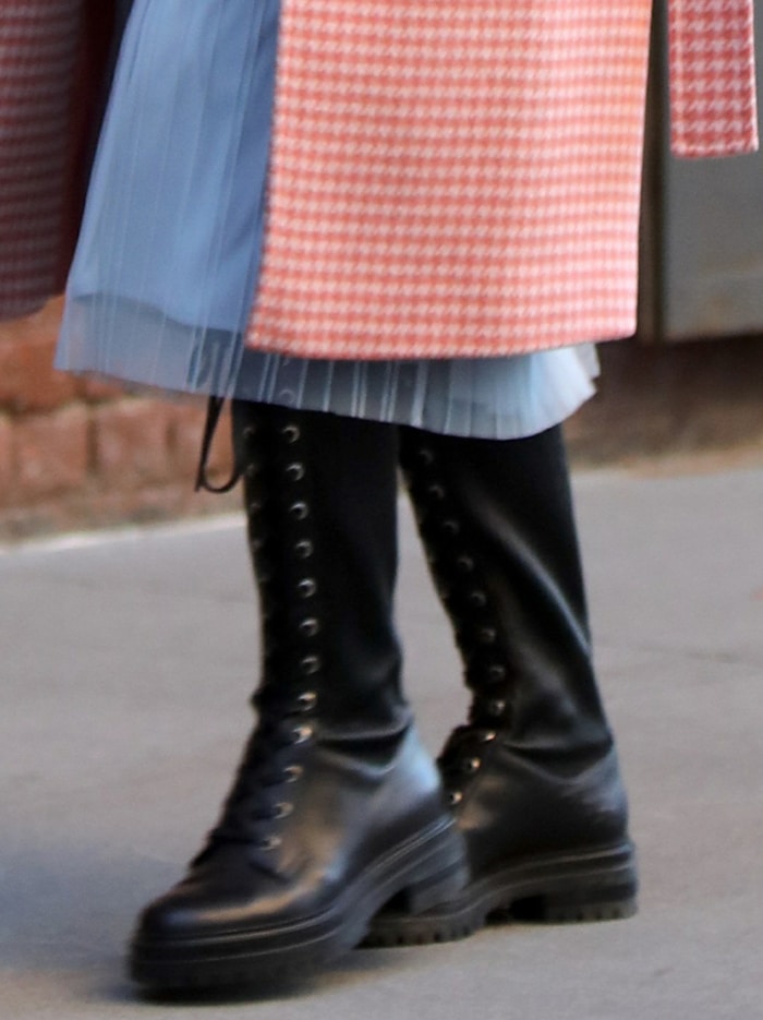 Olivia Palermo completes fall outfit with Gianvito Rossi black leather combat boots