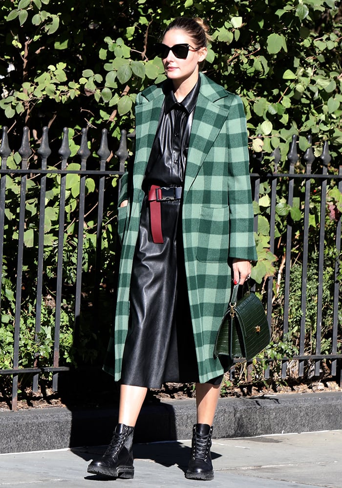 Olivia Palermo in a Max Co. checkered green coat with a leather tunic and coated culottes