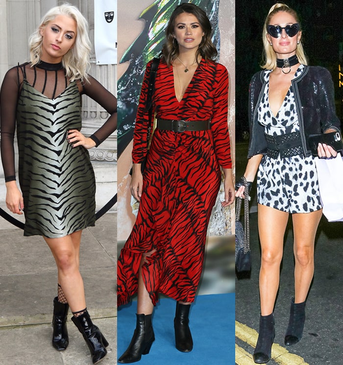 Chloe Paige, Sophie Porley, and Paris Hilton sharpen bold animal-print dresses with sleek pointed-toe ankle boots—using the tapered silhouette and glossy leather finishes to balance statement prints with a polished, leg-lengthening effect