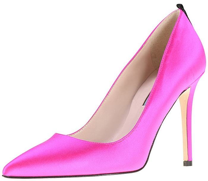 Pink satin SJP by Sarah Jessica Parker pointed-toe Fawn pumps with grosgrain trim at the heel