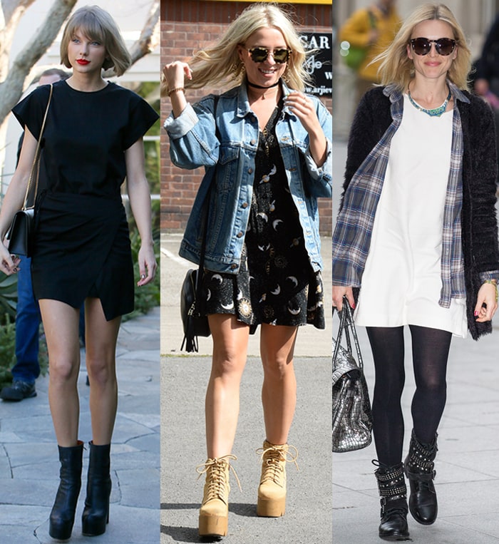 Taylor Swift, Gabby Allen, and Fearne Cotton toughen up minimalist mini dresses with chunky ankle boots—ranging from platform lace-ups to studded combat styles—using thick soles and heavier silhouettes to add structure, contrast, and a cool, street-ready edge