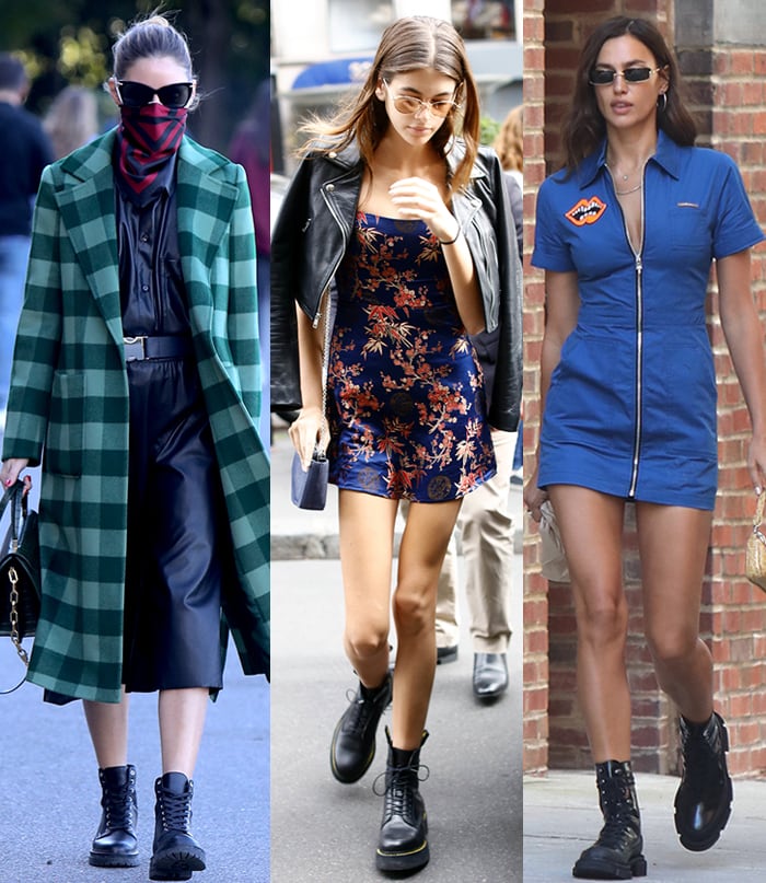 Olivia Palermo, Kaia Gerber, and Irina Shayk offset feminine dresses with black combat boots—featuring lace-up fronts, chunky lug soles, and utilitarian hardware—using the rugged silhouette to add structure, attitude, and a cool, street-style contrast to softer prints and tailored shapes