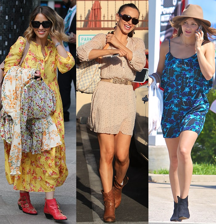 Rachel Stevens, Karina Smirnoff, and Katharine McPhee channel modern Western flair in printed dresses paired with cowboy-inspired ankle boots—featuring stacked heels, pointed toes, and distressed leather finishes that ground feminine silhouettes with a relaxed, bohemian edge