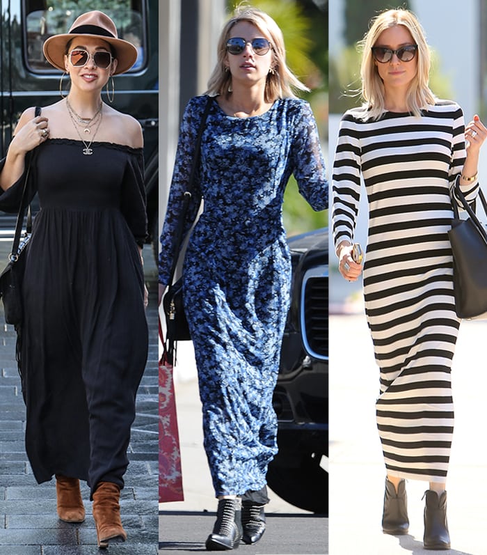 Myleene Klass, Emma Roberts, and Kristin Cavallari style flowing maxi dresses with ankle boots—ranging from soft suede western-inspired pairs to sleek lace-up and heeled silhouettes—using grounded footwear to balance volume while adding structure and effortless, season-spanning polish