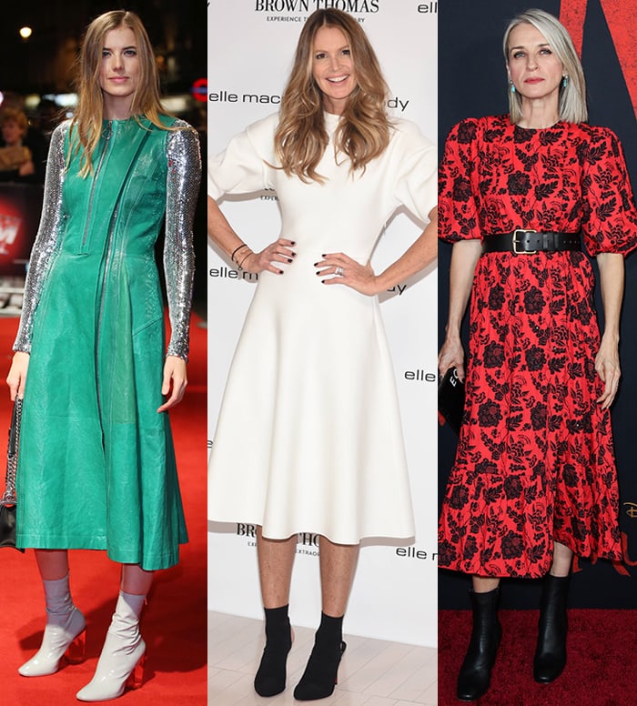 Agyness Deyn, Elle Macpherson, and Ever Carradine style midi dresses with ankle boots—ranging from sleek heeled leather pairs to minimalist sock boots—using the mid-calf hemline to create a balanced silhouette that highlights the ankle while adding polished, season-spanning versatility