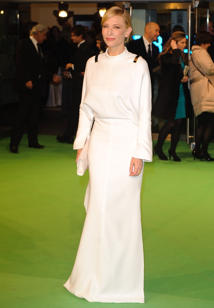 Cate Blanchett in a white Givenchy Spring 2013 long-sleeved gown featuring a high collar at the Royal Film Performance of The Hobbit: An Unexpected Journey