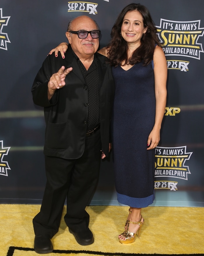 Danny DeVito, who stands 4 ft 10 in (147 cm) due to Fairbank’s disease and wears a US shoe size 9, poses with his daughter, actress Lucy Chet DeVito, at the Season 14 premiere of It’s Always Sunny in Philadelphia on September 24, 2019, in Hollywood