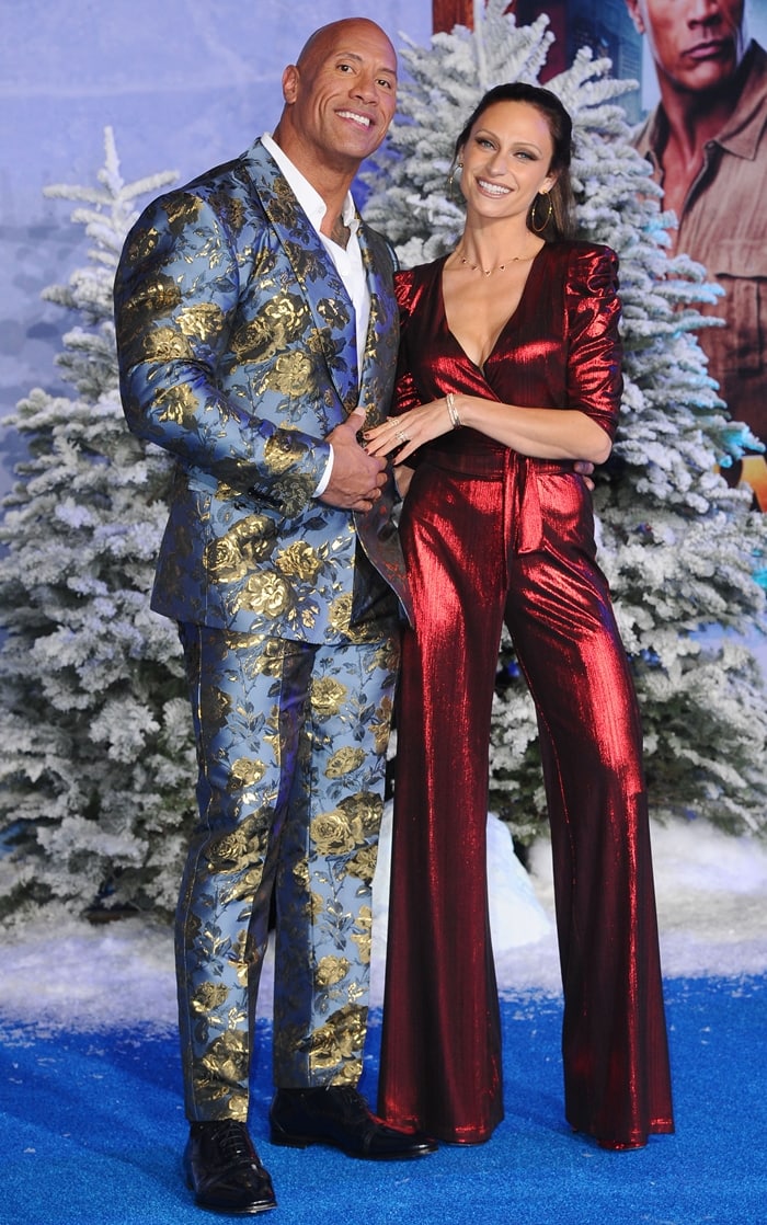 Dwayne Johnson, who wears a US shoe size 14, poses with his wife Lauren Hashian at the Hollywood premiere of Jumanji: The Next Level on December 9, 2019
