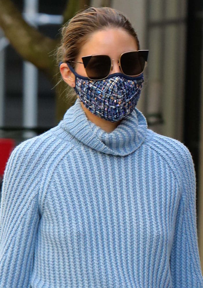 Fendi cat-eye sunglasses and a blue tweed Masqd face mask add texture and sharper lines to Olivia Palermo’s tonal blue street-style look