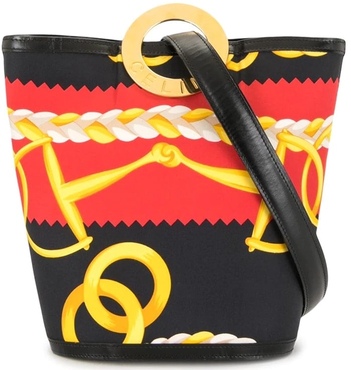 Black/red/yellow Céline logo-debossed gold-tone ring clutch