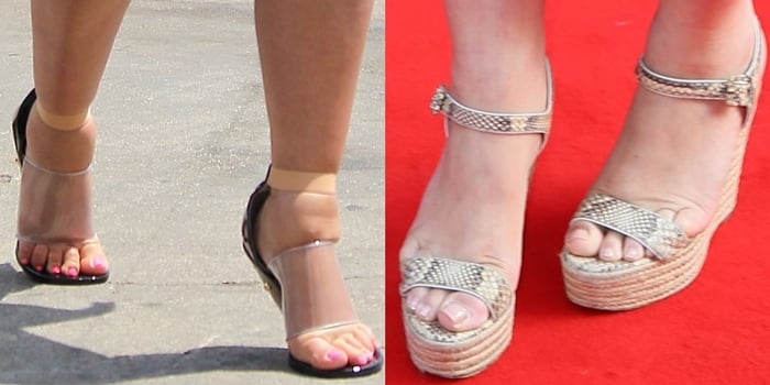 Pregnant celebrities Kim Kardashian, left, and Myleene Klass show how pregnancy-related swelling can affect the fit of strappy heels, with both wearing open-toe sandals that leave more room across the forefoot