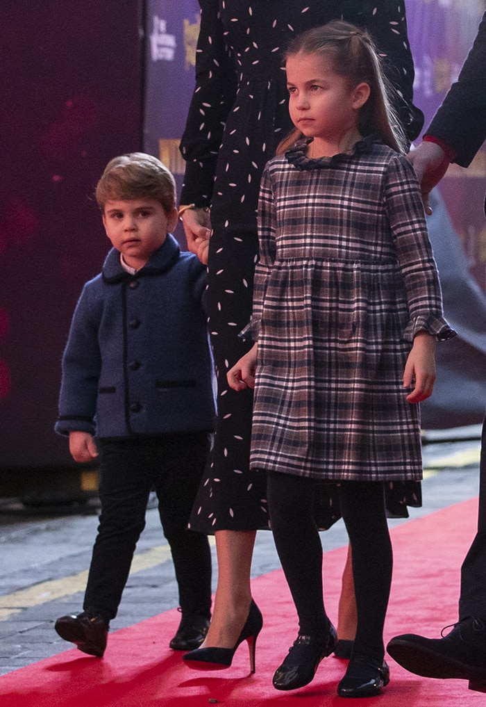 Princess Charlotte wears PePe Mary Jane shoes while Prince Louis wears an Amaia Kids jacket