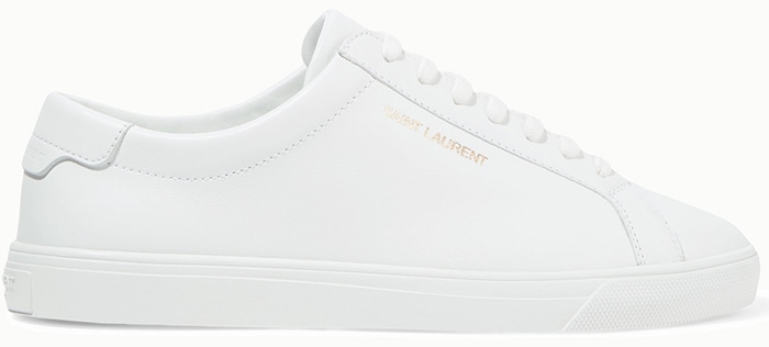 aint Laurent Andy low-top sneaker in optic-white leather, featuring the style’s clean tennis-inspired profile, tonal rubber sole, and subtle gold Saint Laurent branding
