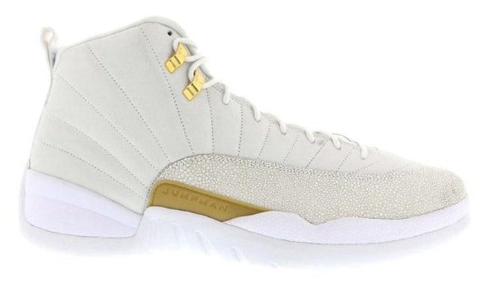 The Air Jordan 12 Retro OVO White, a collaboration between Drake’s October’s Very Own label and Jordan Brand, features a premium white leather upper with stingray overlays and gold detailing, making it one of the most coveted OVO releases