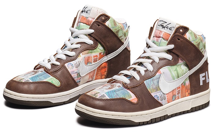 The Nike Dunk High Pro SB “FLOM” (For Love of Money), designed by graffiti artist Futura in 2005, features global currency prints across its panels
