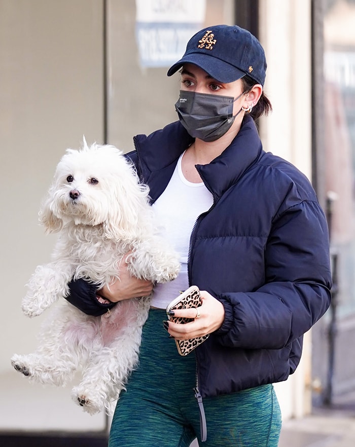 Carrying her Maltipoo, Elvis, Hale gives the sporty look a playful finish with a leopard-print phone case against her dark puffer jacket