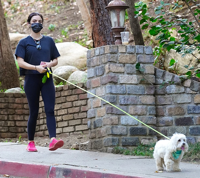 Lucy Hale enjoys a casual hike with her adorable dog Elvis in Studio City, sporting a relaxed workout look with black leggings, a cropped T-shirt, and vibrant pink sneakers on January 18, 2021