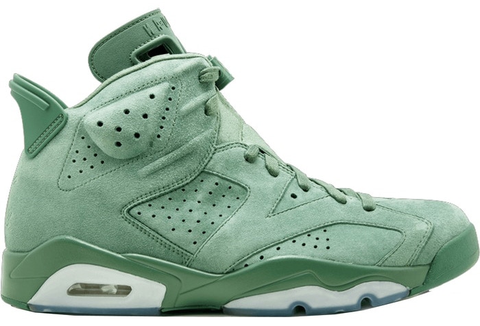 The Air Jordan 6 “Cactus,” created exclusively for rapper Macklemore in 2014, features a striking green suede upper and remains one of the rarest Jordan collaborations, with only 23 pairs ever produced