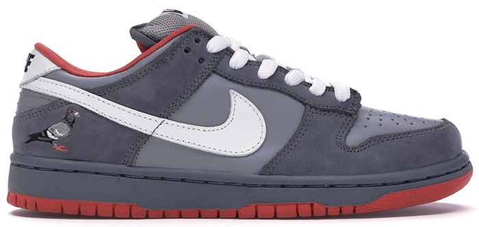 The Nike SB Dunk Low “NYC Pigeon,” designed by Jeff Staple in 2005, features a gray colorway with a stitched pigeon logo on the heel—an iconic design that sparked sneaker riots in New York and cemented its place as one of the rarest SB Dunks ever released
