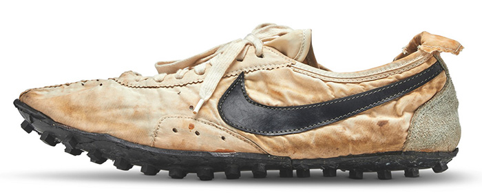 The 1972 Nike Waffle Racing Flat “Moon Shoe,” handcrafted by Nike co-founder Bill Bowerman using a waffle iron for its revolutionary sole, is one of the rarest sneakers ever. An unworn pair sold at Sotheby’s in 2019 for $437,500