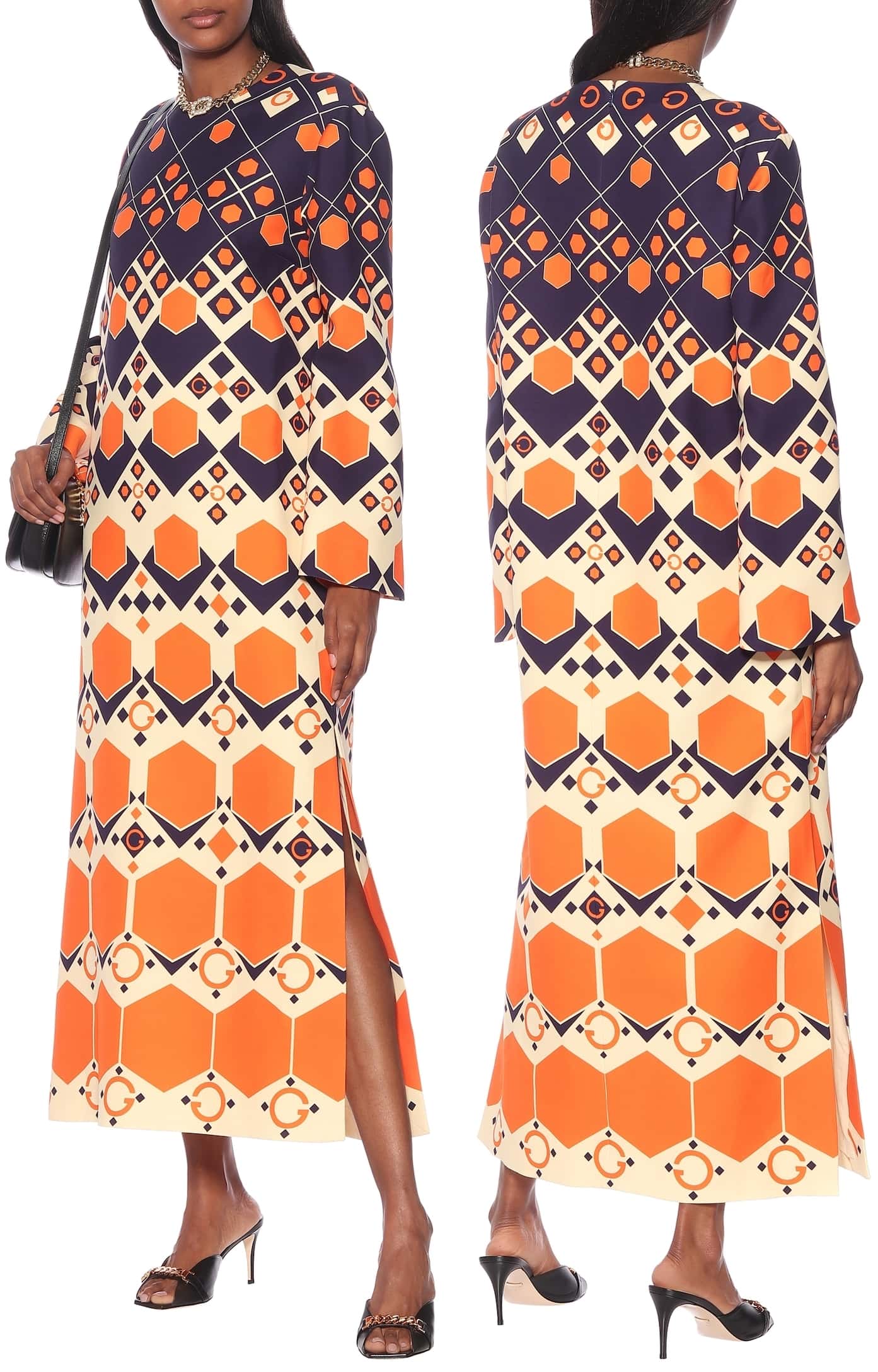 This Gucci silk-and-wool cady maxi dress channels the bold geometric prints and hypnotic color palette of 1970s fashion with a striking retro-inspired pattern