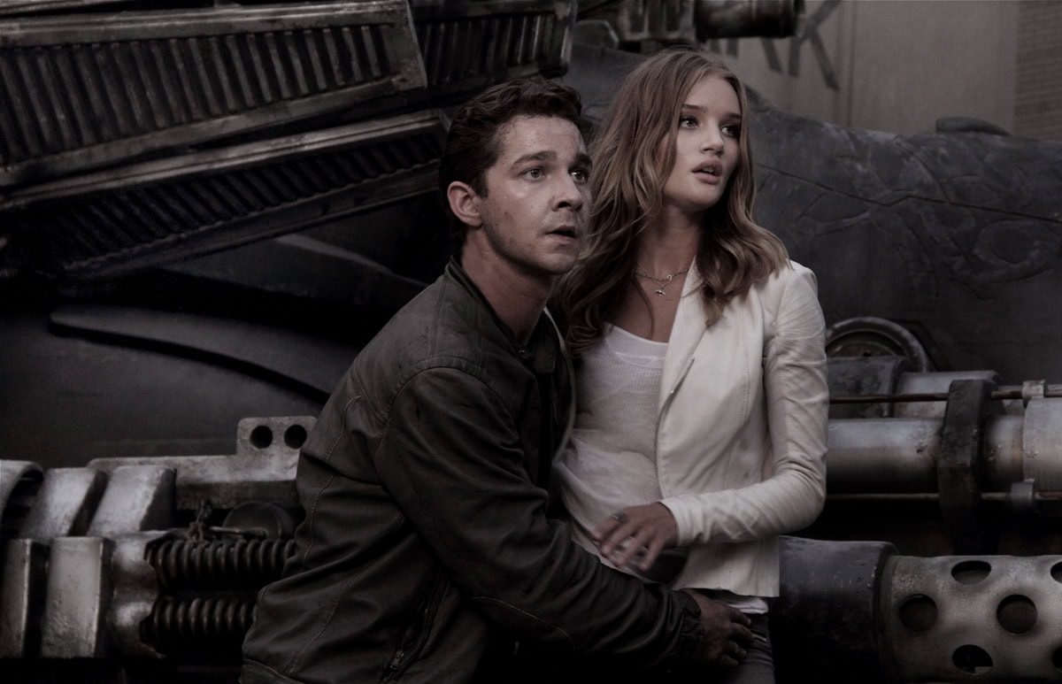 Shia LaBeouf and Rosie Huntington-Whiteley in an intense scene as Sam Witwicky and Carly Spencer in Transformers: Dark of the Moon