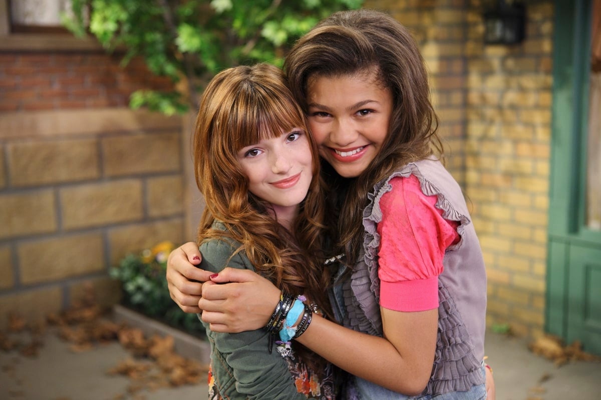 Bella Thorne and Zendaya share a warm embrace on the set of Shake It Up, capturing their close friendship and on-screen chemistry