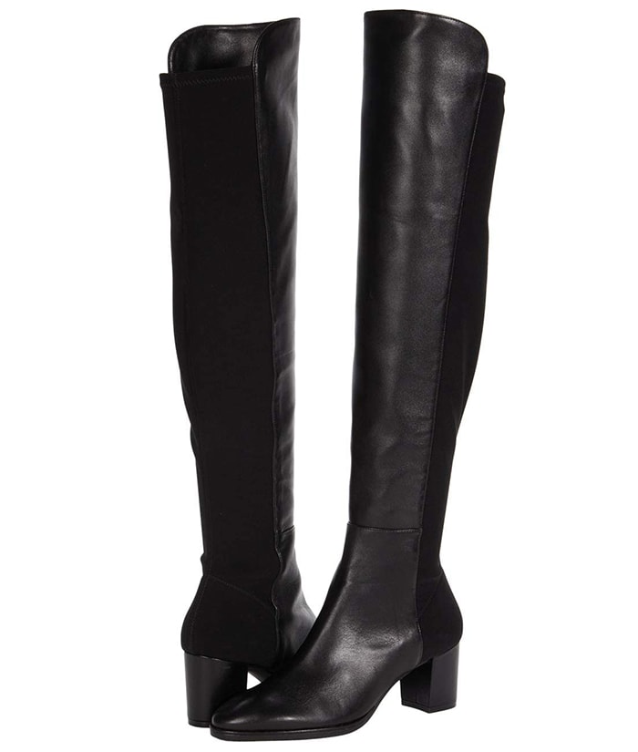 Stuart Weitzman’s black Harper knee-high boots combine smooth leather with stretch back panels and a sturdy block heel for a sleek, close-fitting silhouette
