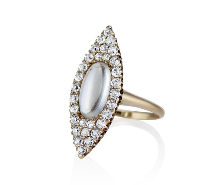 Set in 15k gold metal band, the Moon Stars ring showcases moonstone and diamond that weigh about 1ct